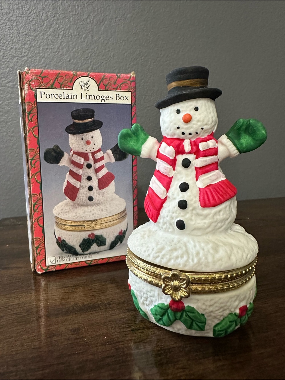 Limoges White Snowman Trinket Box with Red Scarf and Green Mittens